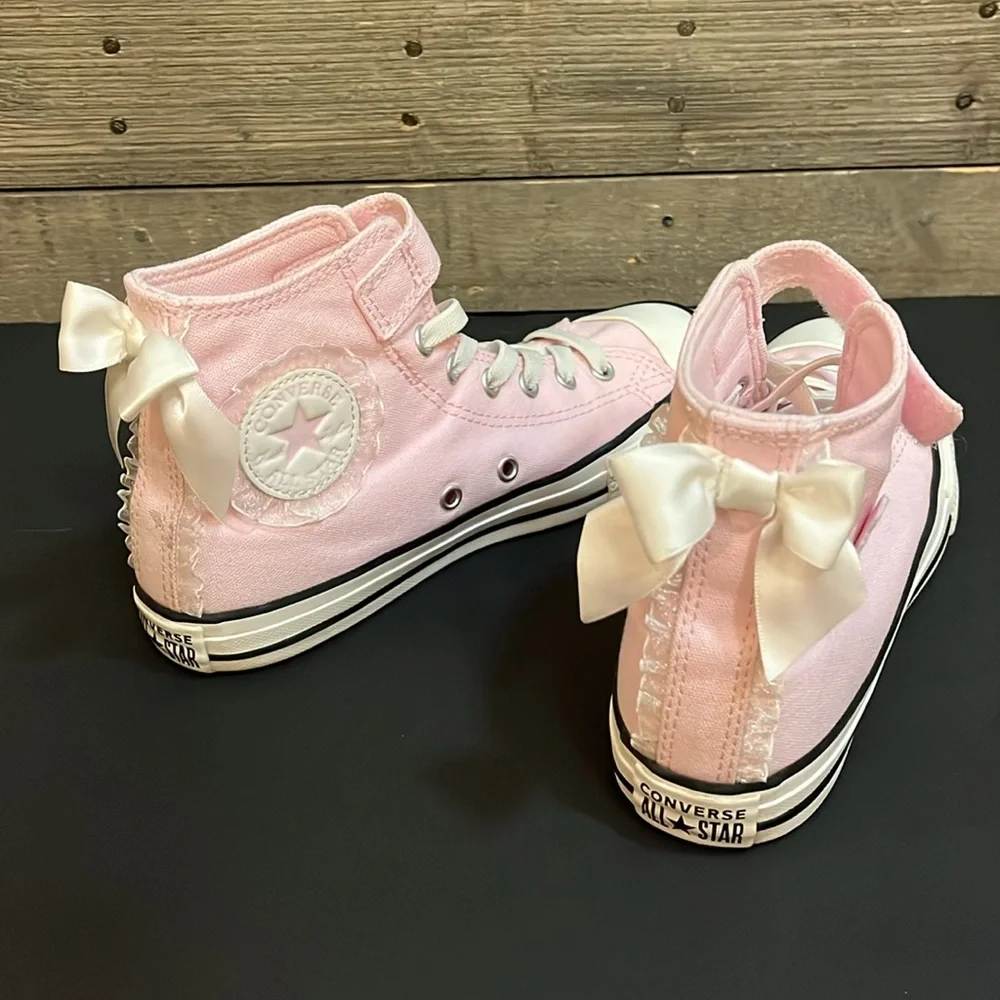 Converse pink girly shoes frilly coquette lace pretty bows back to school cool